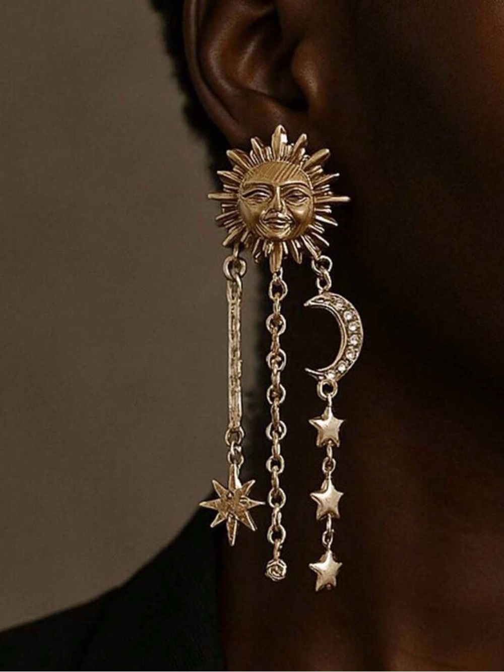Gold Celestial Sun & Moon Drop Earrings with pearl accents